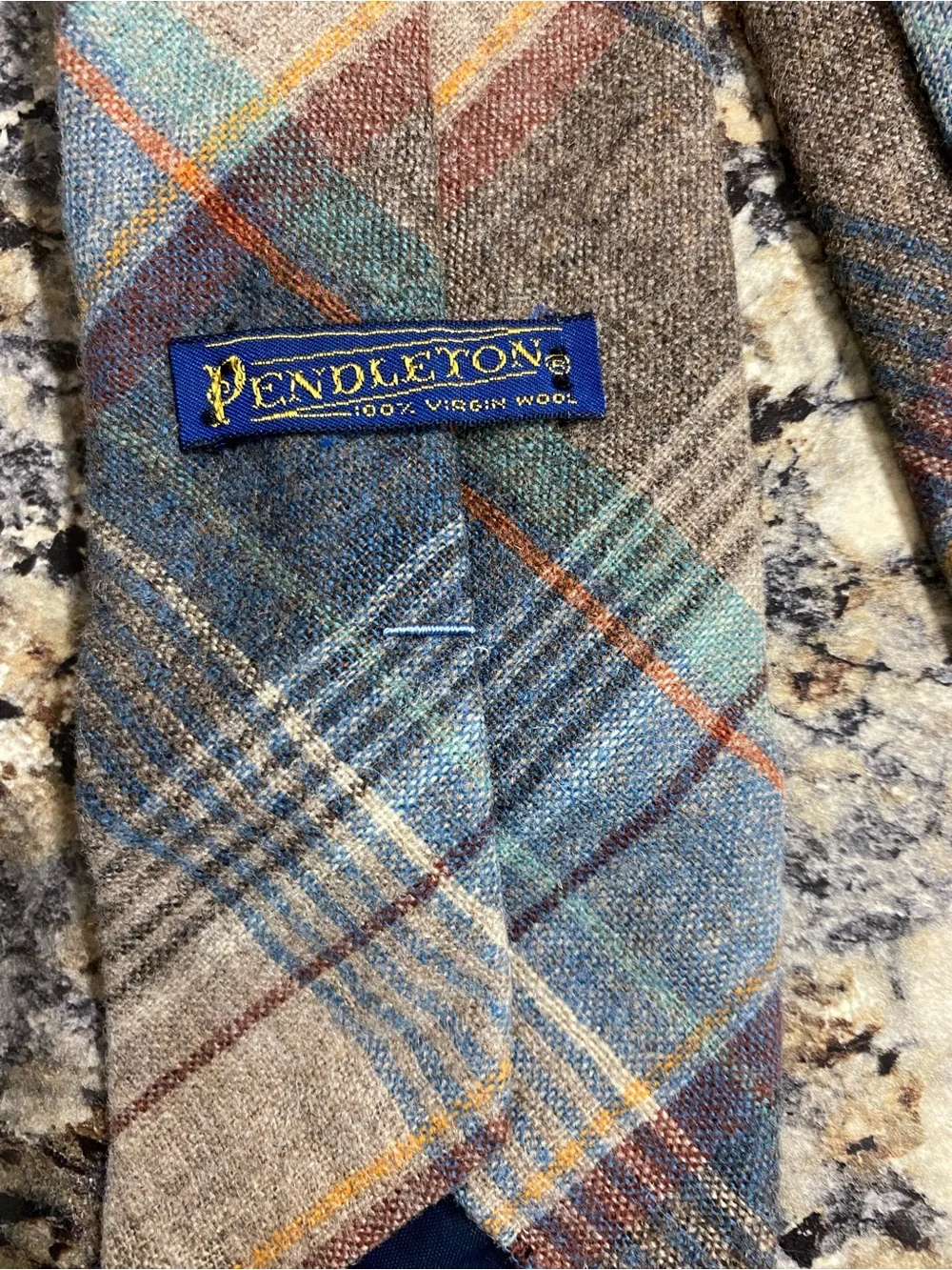 Pendleton Vintage Wool Tartan Tie Gray Blue Brown Rust Preppy Plaid Academia